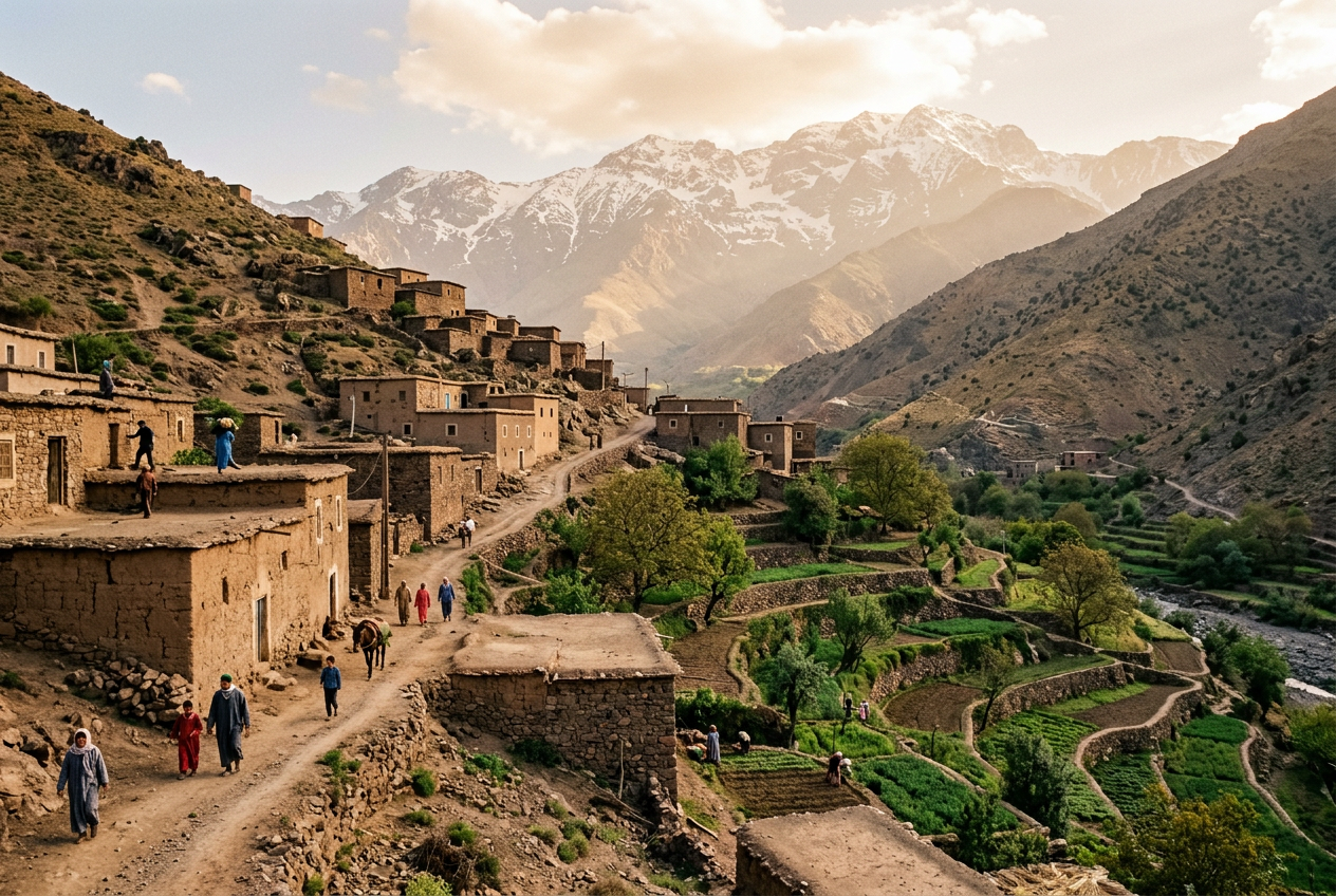 Earthen-clay village in the Moroccan High Atlas at golden hour