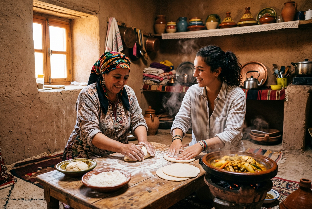 A traveler cooking with a Berber woman in a village kitchen